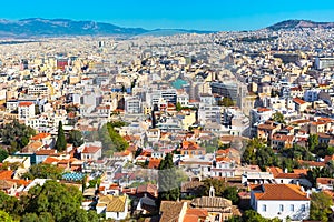 Panorama of Athens, Greece with houses and hills