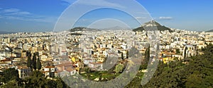 Panorama of Athens and Lycabettus Hill (right) in Greece.