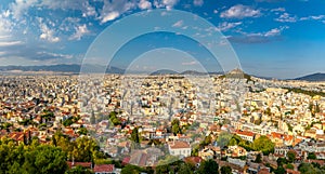 Panorama of Athens, view of Lycabettus mount from Acropolis foot, Greece. Skyline of Athens city center. Cityscape of historical