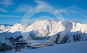 Panorama of the Austrian ski resort Ischgl with skiers.