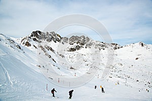 Panorama of the Austrian ski resort Ischgl with skiers.