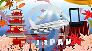 Panorama of autumn season red maple leaves with Fuji mountain in Japan world famous landmarks, Travel concept, airplane transporta
