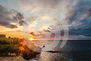 Panorama of awesome tropical sunset at Nusa Lembongan island, Bali, Indonesia.