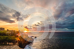 Panorama of awesome tropical sunset at Nusa Lembongan island, Bali, Indonesia.