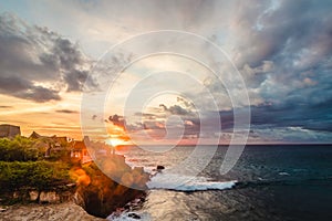 Panorama of awesome tropical sunset at Nusa Lembongan island, Bali, Indonesia.