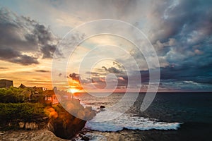 Panorama of awesome tropical sunset at Nusa Lembongan island, Bali, Indonesia.