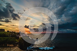 Panorama of awesome tropical sunset at Nusa Lembongan island, Bali, Indonesia.