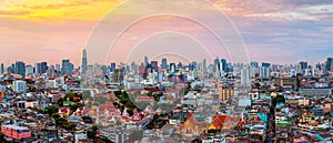 Panorama of Bangkok skyline at sunset, Thailand.