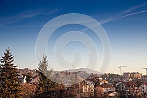 Panorama of Banjica district in Belgrade, in Vozdovac municipality, Serbia, with avala tower in background. Called avalski toranj