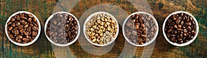 Panorama banner with assorted roasted coffee beans