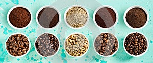 Panorama banner with assorted varieties of coffee