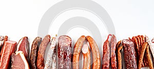 Panorama banner with a diversity of spicy sausages