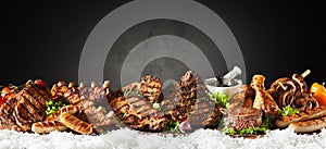 Panorama banner of grilled meat from a winter BBQ