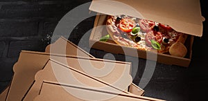 Panorama banner with Italian pizzas in boxes