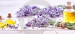 Panorama banner of lavender and essential oil