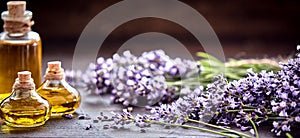 Panorama banner of lavender essential oil photo
