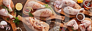 Panorama banner of raw chicken portions photo