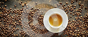 Panorama banner of roasted coffee beans and coffee