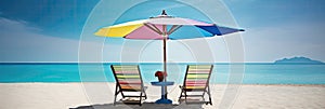 Panorama banner of two chairs and a sun umbrella on an exotic beach on a sunny day with clear turquoise water and blue sunny sky