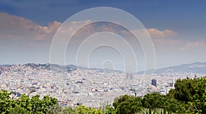 Panorama of Barcelona cityscape with Sagrada Familia in foreground and sea in background. Barcelona, Catalonia, Spain, Europe.