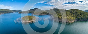 Panorama of bare trees growing in water and mountains.