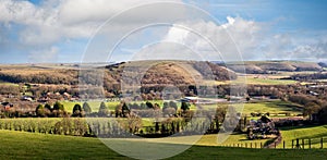 Panorama of battlebury Hill from West Wilts Golf Course in Warminster, Wiltshire