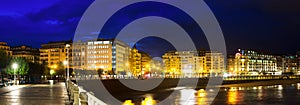 Panorama of Bay of La Concha in night. San Sebastian, Spain