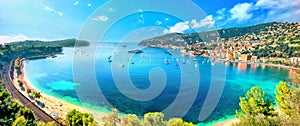 Panorama of bay and resort town Villefranche sur Mer. French Riviera, Cote d\'Azur, France