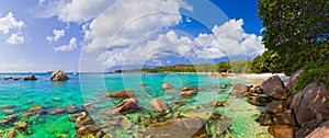 Panorama of beach Anse Lazio at Seychelles