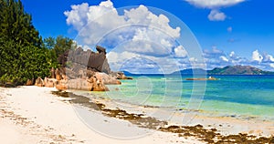 Panorama of beach on island Curieuse at Seychelles