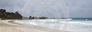 Panorama of beach at La Dique island, Seychelles