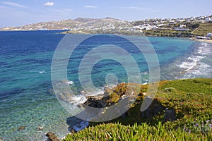 Panorama of beach in Mykonos town, Greece