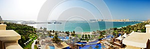 Panorama of beach with a view on Jumeirah Palm man-made island