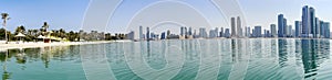 Panorama beautiful beach with white sand and palms on ashore of the Arabian Gulf