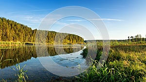 Panorama of beautiful autumn landscape with lake and forest on the Bank of Russia, the Urals