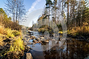 Panorama of beautiful autumn landscape with lake and forest on the Bank of Russia, the Urals