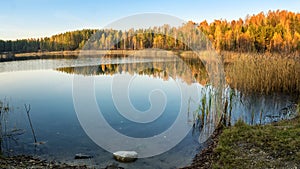 Panorama of beautiful autumn landscape with lake and forest on the Bank of Russia, the Urals