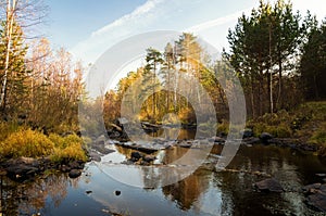 Panorama of beautiful autumn landscape with lake and forest on the Bank of Russia, the Urals