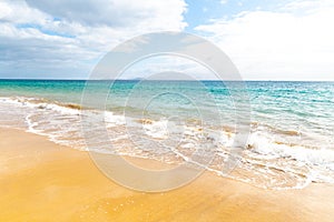 Panorama of beautiful beach and tropical sea of Lanzarote. Canaries