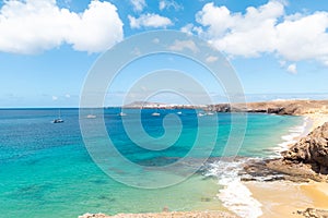 Panorama of beautiful beach and tropical sea of Lanzarote. Canaries photo