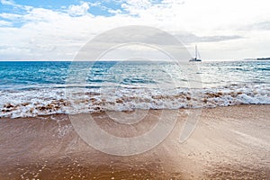 Panorama of beautiful beach and tropical sea of Lanzarote. Canaries