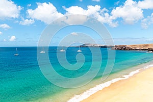 Panorama of beautiful beach and tropical sea of Lanzarote. Canaries