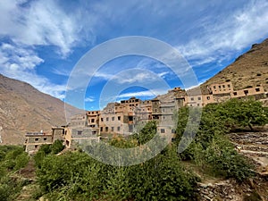 Panorama of beautiful Berber village in the High Atlas Mountains. Imlil valley, Morocco.