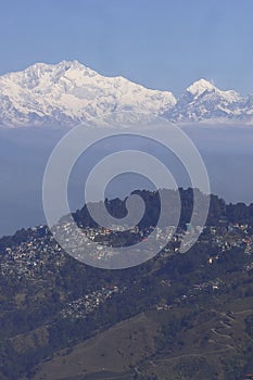 panorama of beautiful darjeeling hill station and snowcapped mount kangchenjunga photo