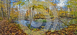 Panorama of the beautiful Fletcher Creek in fall with milky flows, Mississauga, ON, Canada