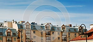 Panorama of beautiful houses, newly built modern family houses. City street on a sunny day