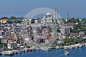 Panorama of the beautiful Istanbul. The Bosphorus Strait with many ships.