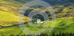 Panorama Of Beautiful Landscape Of Scotland, Corgarff Castle In