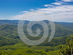 panorama of a beautiful mountainous area. sunny in the afternoon. beautiful spring landscape in the mountains.