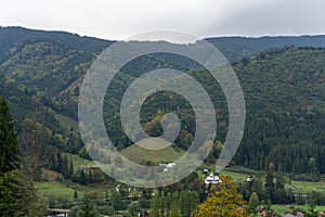 Panorama of the beautiful mountains. Village in the valley.